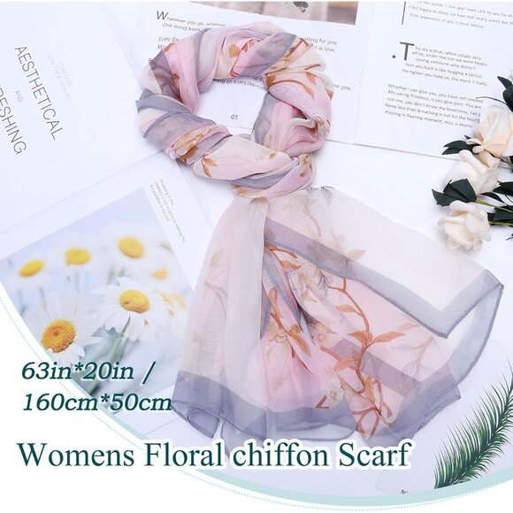Women's Light Pink Fashion Lightweight Head Scarf Floral Print Chiffon Scarves - Picture 3 of 7